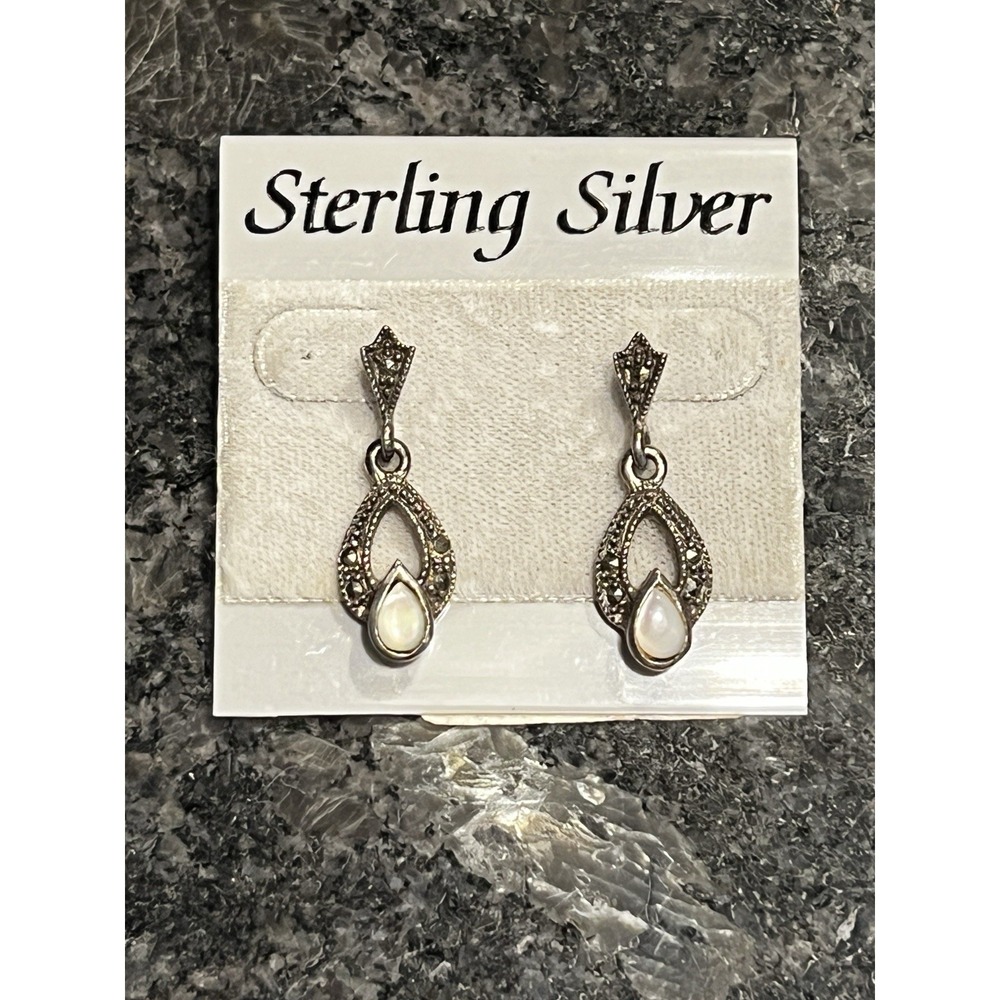 sterling‎ silver mother of pearl dangle earrings marcasite teardrop small